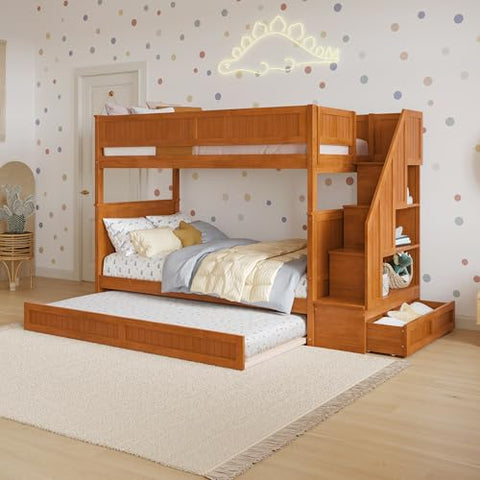 Dover Twin over Twin Staircase Bunk Bed with Storage Drawer and Twin Trundle in Light Toffee