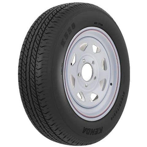 AMERICANA 39064 ST205/75R15 C/5H MOD WH W/STR, 15 Inch Diameter x 5.5 Inch Width; 8 Split Spoke; 2 Piece Welded Steel Construction; White With Stripes; ST205 x 75R15;Radial; Black Sidewall;Tubeless