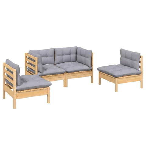 vidaXL Solid Pinewood Patio Lounge Set - 4 Piece with Gray Cushions for Garden/Patio - Modular Design
