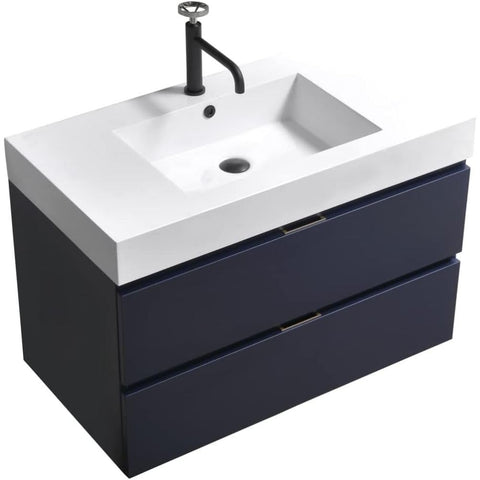 Oakestry Bliss 36 Inch Wall Mounted Bathroom Vanity Blue Finish Modern Floating Cabinet with Integrated Ceramic Sink and Soft Close Drawers for Medium and Large Bathrooms