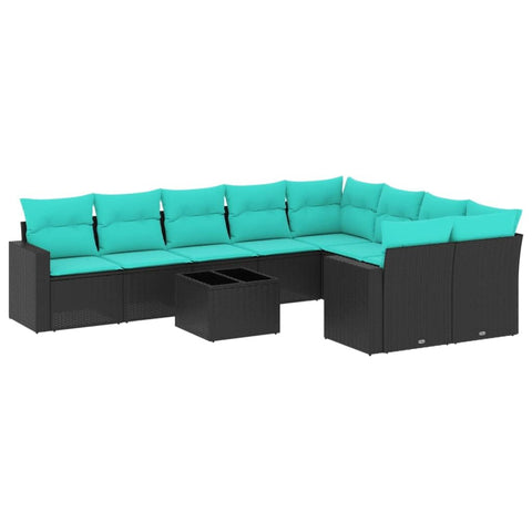 vidaXL Patio Sofa Set with Cushions 10 Piece, Sectional Sofa with Glass Table, Outdoor Conversation Set, Patio Furniture, Black Poly Rattan