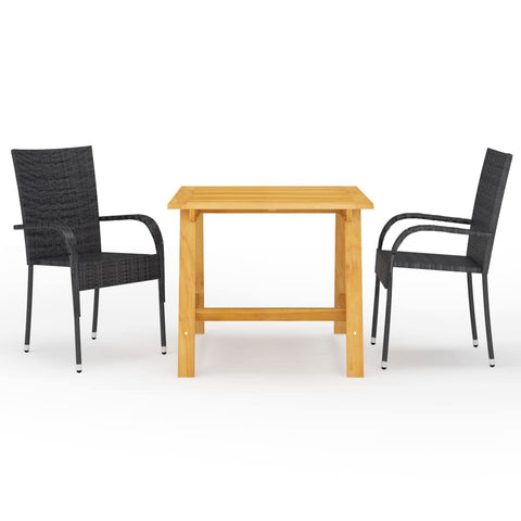 vidaXL Patio Dining Set in Black - 3 Piece Outdoor Furniture with Solid Acacia Wood Table and PE Rattan Chairs - Modern Farmhouse Style for Garden, Backyard, Balcony