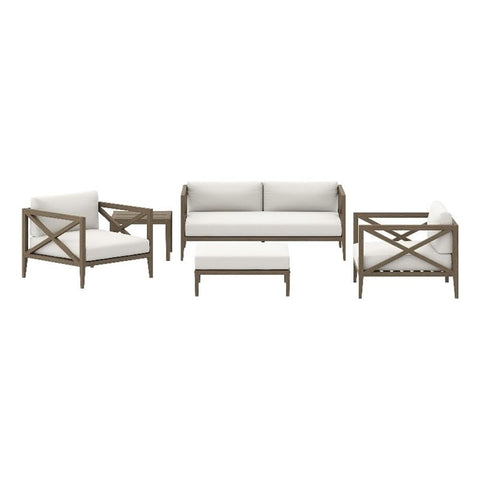 Modway Northlake Teak Wood 5-Piece Outdoor Furniture Set in Weathered Gray – Backyard Patio Conversation Set with Loveseat, 2 Armchairs, Ottoman and Side Table