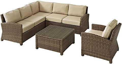 Bradenton 5Pc Wicker Outdoor Sectional Patio Furniture Set Sand/Weathered Brown - Right Side Loveseat, Left Side Loveseat, Corner Chair, Arm Chair, & Sectional Glass Top Coffee Table
