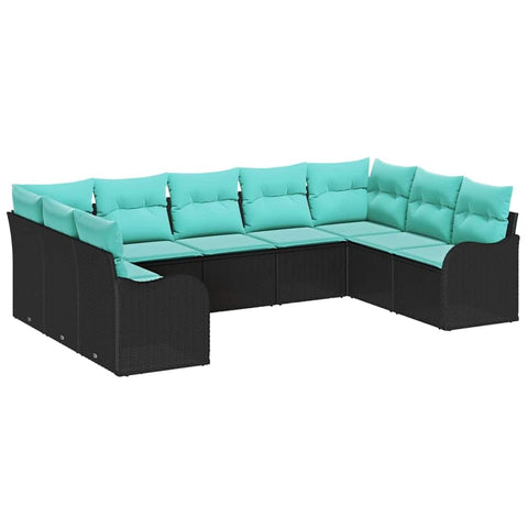 vidaXL Garden Sofa Set 9 pcs Black and turquoise Poly Rattan, Outdoor Modular Sofa Set, UV-Resistant Materials, Durable Rattan, Perfect for Garden and Terrace