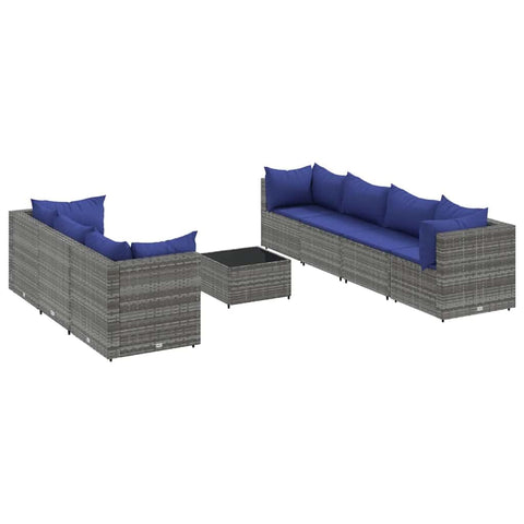 vidaXL 8 Piece Patio Lounge Set with Cushions - Gray PE Rattan, Modular Design, Tempered Glass Table - Ideal for Garden, Terrace, Deck, or Outdoor Lounge Area