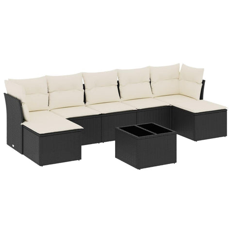 vidaXL Patio Sofa Set with Cushions 8 Piece, Sectional Sofa with Glass Table, Outdoor Conversation Set, Modern Style, Black Poly Rattan