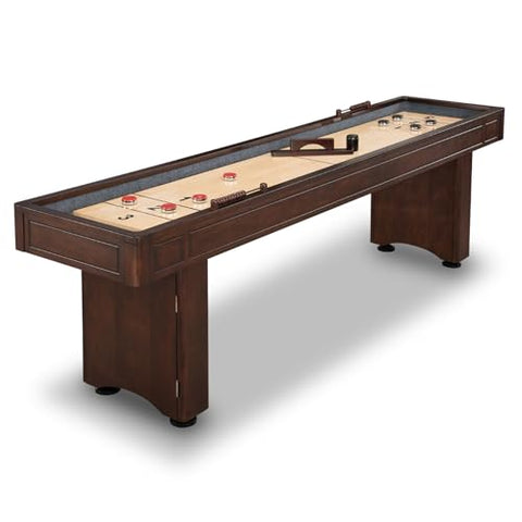 Hathaway Austin 9 Ft Shuffleboard Table for Arcade Game Room - with Scratch Resistant Playfield, Built-in Abacus Scorer & Cabinet, Padded Gutters, Leg Levelers, 8 Pucks, Brush & Wax - Mahogany Finish