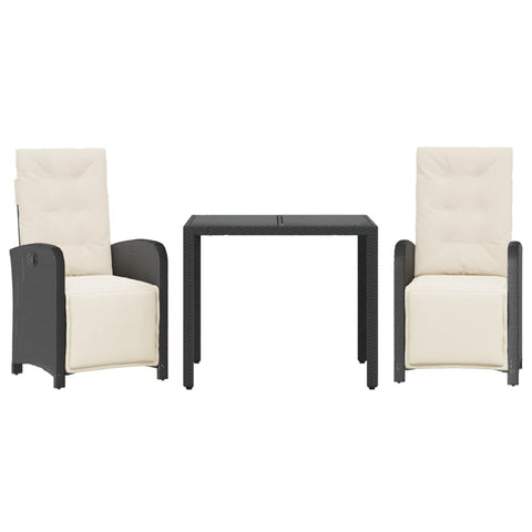 vidaXL 3 Piece Bistro Set with Cushions - Black Poly Rattan Patio Furniture - Adjustable Reclining Chairs with Cushions and Glass Tabletop - Outdoor Garden/Backyard/Balcony Dining Set