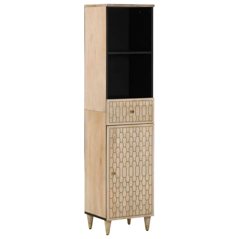 vidaXL Modern Bathroom Cabinet 15X13X63 in Solid Mango Wood Hand Carved Design Durable Storage Unit with Drawer and Hinge Doors Ideal for Organization Wooden Organizer Furniture Cupboard Side