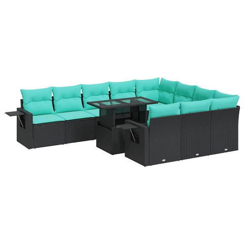 vidaXL 11 Piece Patio Sofa Set with Cushions Black Poly Rattan Acacia, Garden Sofa Set, Garden Lounge Set, Poly Rattan Sofa Set, Outdoor Sofa Set