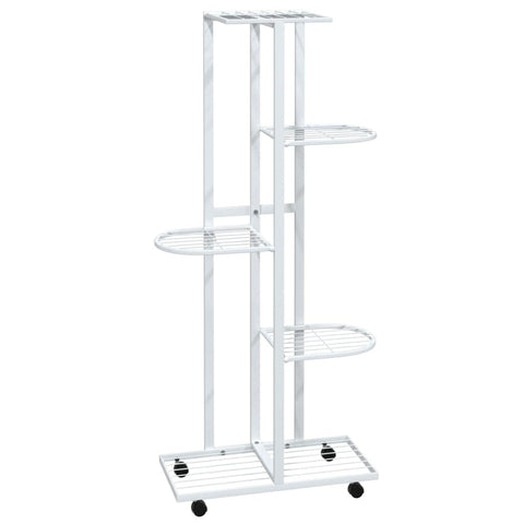 vidaXL 5-Floor Flower Stand with Wheels - White Iron Display Rack for Plants and Decorations - Ideal for Home or Garden Use'