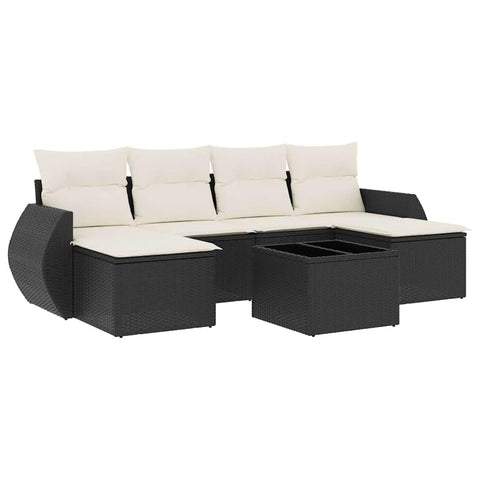 vidaXL Patio Sofa Set with Cushions 7 Piece, Sectional Sofa with Glass Table, Outdoor Conversation Set, Modern Style, Black Poly Rattan