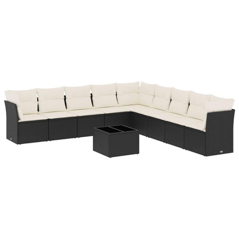 vidaXL Patio Sofa Set with Cushions 10 Piece, Sectional Sofa with Glass Table, Outdoor Conversation Set, Modern Style, Black Poly Rattan