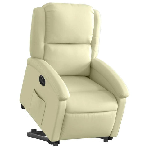 vidaXL Electric Power Lift Recliner Chair for Elderly - Cream Real Leather, Motorized Armchair with Side Pocket & Padded Comfort