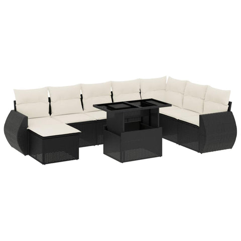 vidaXL Patio Sofa Set with Cushions 9 Piece, Garden Lounge Set, Outdoor Conversation Set, Sectional Sofa for Garden, Modern Style, Black Poly Rattan