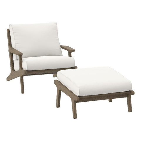 Modway Saratoga Teak Wood Outdoor Chair with Ottoman in Weathered Gray White - Patio Armchair and Footstool with Weather-Resistant Removable Cushions