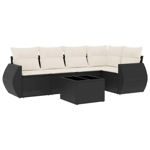 vidaXL Patio Sofa Set with Cushions 6 Piece, Sectional Sofa with Glass Table, Outdoor Conversation Set, Modern Style, Black Poly Rattan