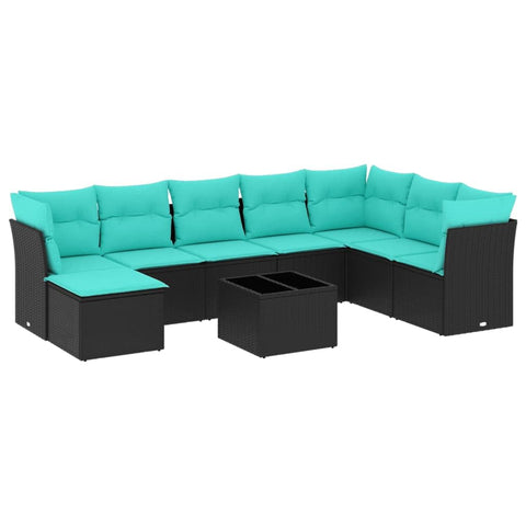 vidaXL Patio Sofa Set with Cushions 9 Piece, Sectional Sofa with Glass Table, Outdoor Conversation Set, Modern Style, Black Poly Rattan