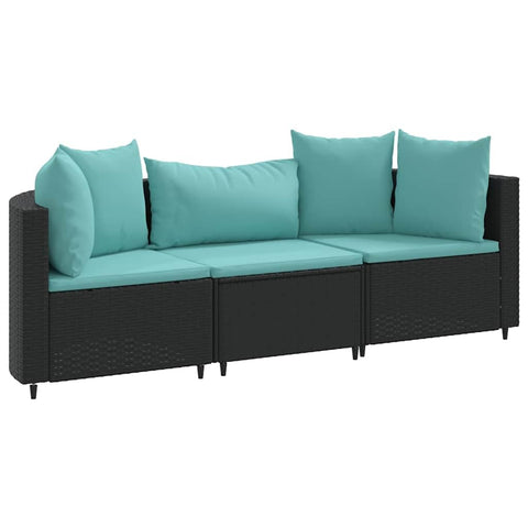vidaXL 3 Piece Black Poly Rattan Patio Sofa Set with Cushions - Outdoor Garden Lounge Furniture for Terrace, Balcony, Backyard