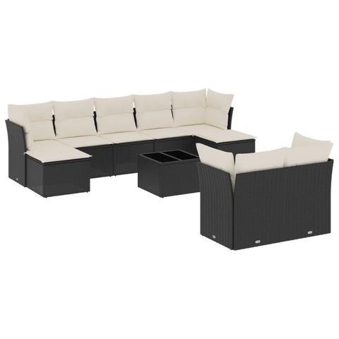 vidaXL Patio Sofa Set with Cushions 10 Piece, Sectional Sofa with Glass Table, Outdoor Conversation Set, Modern Style, Black Poly Rattan