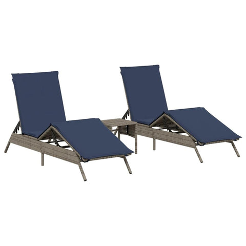 vidaXL Adjustable Sun Lounger Set with Side Table 2 Pcs Grey PE Rattan Outdoor Lounge Chairs Cushions for Patio Poolside and Garden Day Bed Sunbed Chaise Furniture Loungers Weather Resistant