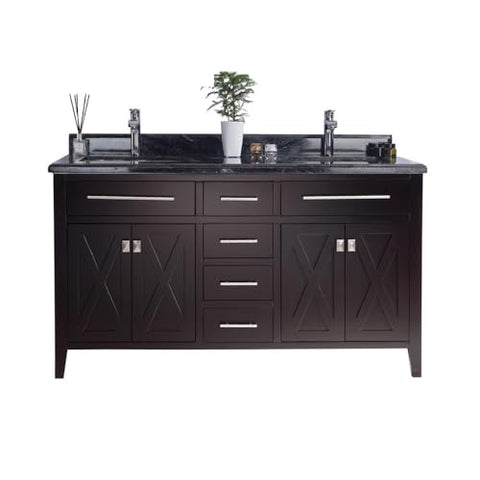 Oakestry Wimbledon 60" Brown Double Sink Bathroom Vanity with Black Wood Marble Countertop – Solid Oak, Soft-Close Doors & Drawers, Pre-Assembled