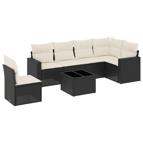 vidaXL Patio Sofa Set with Cushions 7 Piece, Sectional Sofa with Glass Table, Outdoor Conversation Set, Patio Furniture, Black Poly Rattan