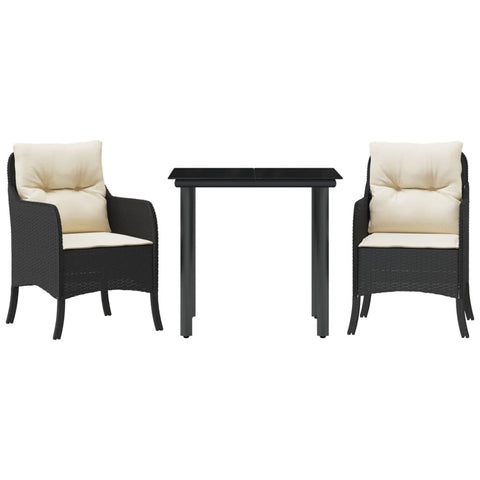 vidaXL 3 Piece Patio Dining Set - Black PE Rattan/Tempered Glass Table/Chairs - Outdoor Garden/Patio Furniture