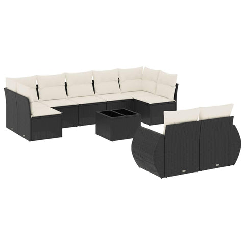 vidaXL Patio Sofa Set with Cushions 10 Piece, Sectional Sofa with Glass Table, Outdoor Conversation Set, Modern Style, Black Poly Rattan