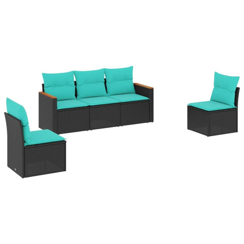 vidaXL Patio Sofa Set with Cushions 5 Piece, Outdoor Conversation Set, Sectional Sofa for Balcony Garden, Modern Style, Black Poly Rattan