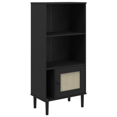 vidaXL SENJA Pine Wood Bookcase - Black, UV Varnish Finished, Freestanding with Rattan Look Design, Ample Storage Space - 23.6"x13.8"x51.2"