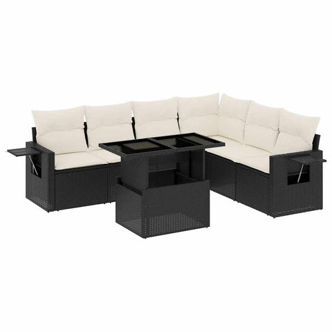 vidaXL Patio Sofa Set with Cushions 7 Piece, Garden Lounge Set, Outdoor Conversation Set, Sectional Sofa for Garden, Modern Style, Black Poly Rattan