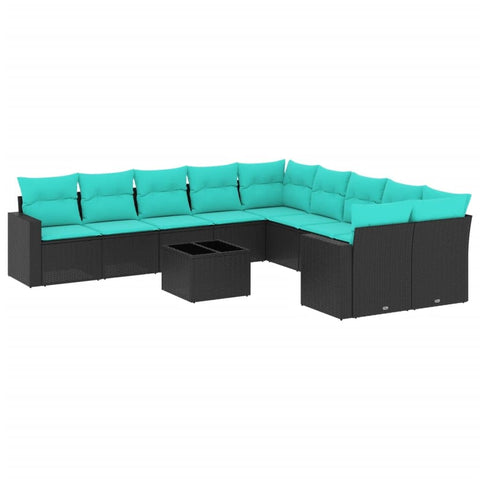 vidaXL Patio Sofa Set with Cushions 11 Piece, Sectional Sofa with Glass Table, Outdoor Conversation Set, Patio Furniture, Black Poly Rattan