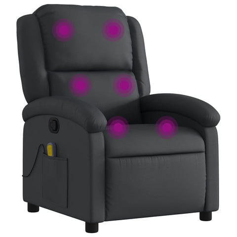 vidaXL Real Leather Black Massage Recliner Chair for Elderly - Manual Reclining Armchair with Vibration Massage, Side Pocket, and Sturdy Frame