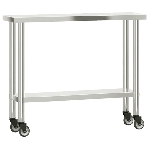 vidaXL Stainless Steel Kitchen Work Table on Wheels - 43.3"x11.8"x33.5" - Silver Rolling Prep Station for Commercial Use
