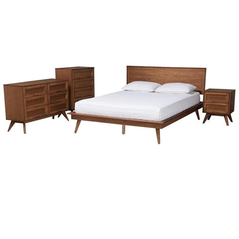 Baxton Studio Melora Walnut Brown Wood and Rattan King Size 4-Piece Bedroom Set