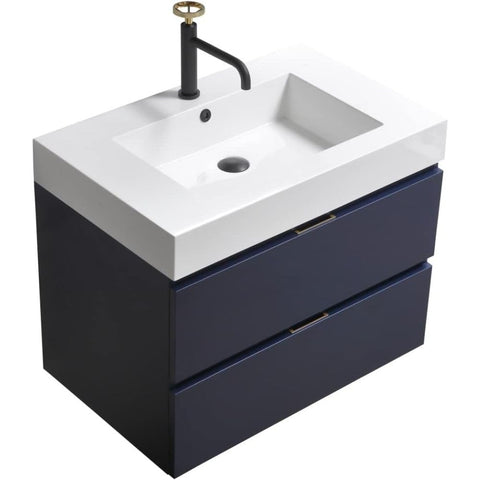 Oakestry Bliss 30 Inch Wall Mounted Bathroom Vanity Blue Finish Modern Floating Cabinet with Integrated Ceramic Sink and Soft Close Door for Medium Size Bathrooms