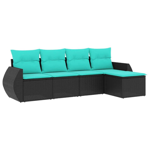 vidaXL Patio Sofa Set with Cushions - 5 Piece Outdoor Furniture - Black Poly Rattan, Blue Cushions - Garden, Patio, Terrace, Deck Seating - Comfortable Modular Design - Removable Covers