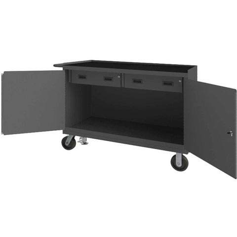 Mobile Bench Cabinet With 6 Inch X 2 Inch Phenolic Casters (2) Rigid And (2) Swivel 1 Shelf 2 Drawers And 2 Doors Black Rubber Mat Top Work Surface And Floor Lock With Tubular Push Handle Gray