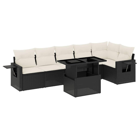 vidaXL Patio Sofa Set with Cushions 7 Piece, Garden Lounge Set, Outdoor Conversation Set, Sectional Sofa for Garden, Modern Style, Black Poly Rattan