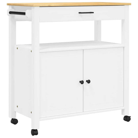 vidaXL Rolling Kitchen Trolley Cart - Solid Pine Wood, White/Honey, Storage Island with Wheels and Drawer for Cooking Accessories and Utensils, Versatile Organizer for Home, 376108