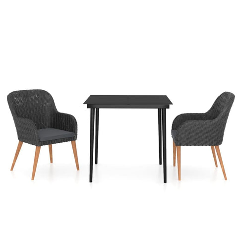 vidaXL 3-Piece Patio Dining Set - Outdoor Dining Furniture with Poly Rattan, Powder-Coated Steel, Solid Acacia Wood, Glass Tabletop and Polyester Cushion Covers â€“ Black