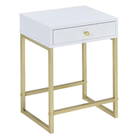 Acme Coleen 1-Drawer Metal Tube End Table in White and Brass