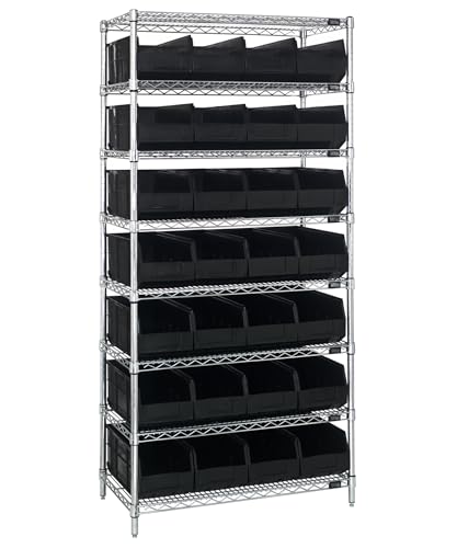 Quantum Storage Systems WR8-423BK Wire Heavy Duty 8 Shelves 28 Stackable Shelf Bins Black Bins 74" H x 36" W x 12" D