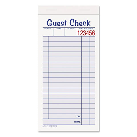 Guest Check Pad Two-Part Carbonless 6.38 x 3.38 50 Forms Total