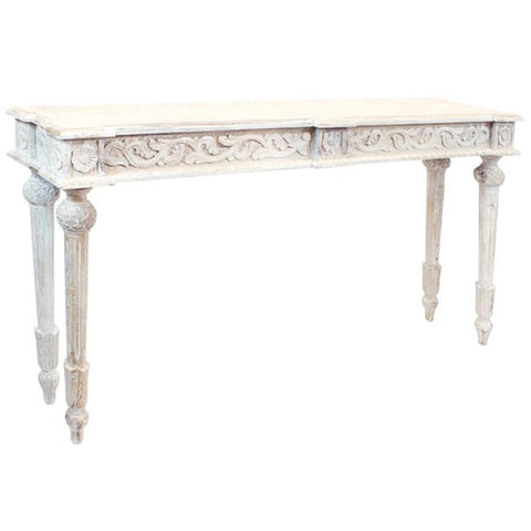 Moti Tigard Console Table in Traditional White Finish on Hand-Carved Solid Wood