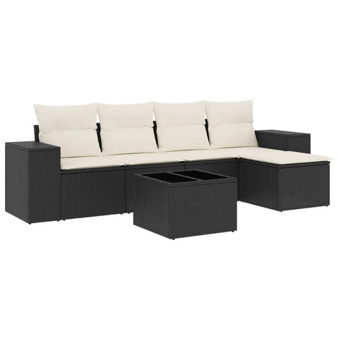 vidaXL 6 Piece Garden Sofa Set Black and Cream Modular Outdoor Seating with Cushions Storage Function Patio Furniture Lounge Poly Rattan Sectional for Conversation