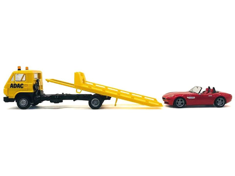 Promotex Flatbed Tow Truck Yellow and Z4 Convertible Red Set of 2 Pieces 1/87 (HO) Plastic Model Cars 006594Y