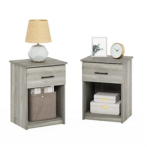 Furinno Tidur Nightstand with Handle with One Drawer Set of 2 French Oak Grey
